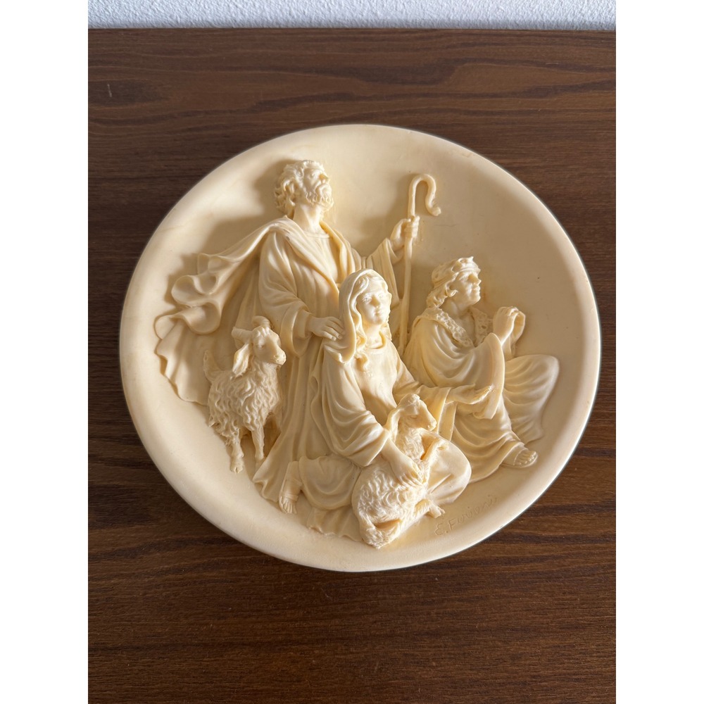 Vtg E. Frosini Holy Family Relief Wall Plaque Shepherd Sheep Religious 8" Italy